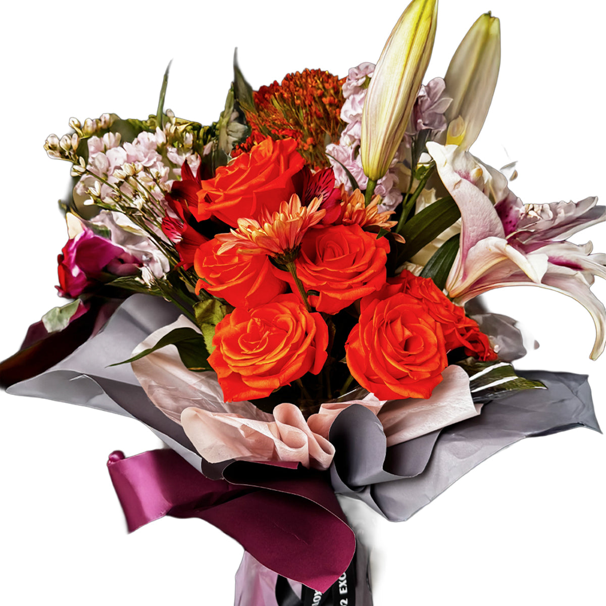 Amber Bliss – Orange Rose & Lilac Lily Bouquet
