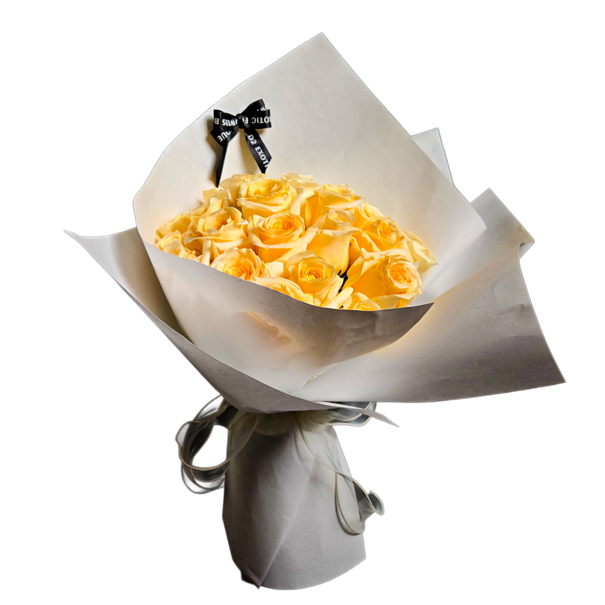 Timeless Elegance Bouquet – Cream Roses & White Wrapping with Black Ribbon