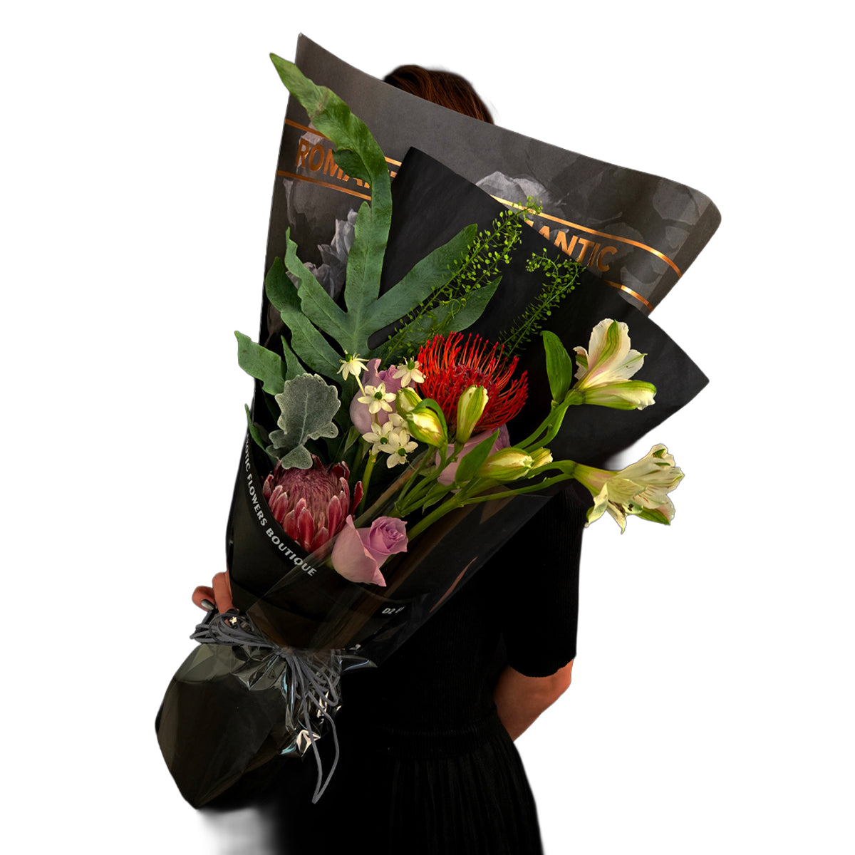 Whisper of the Night – Red Pincushion Protea & Lilac Rose Bouquet