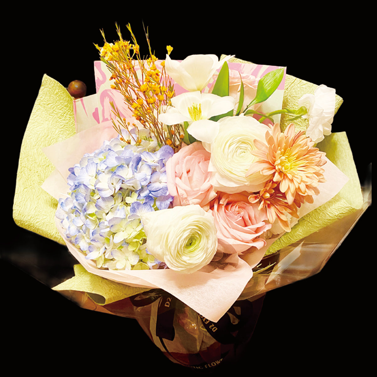 Whispering Dawn – Blue Hydrangea & Blush Rose Bouquet