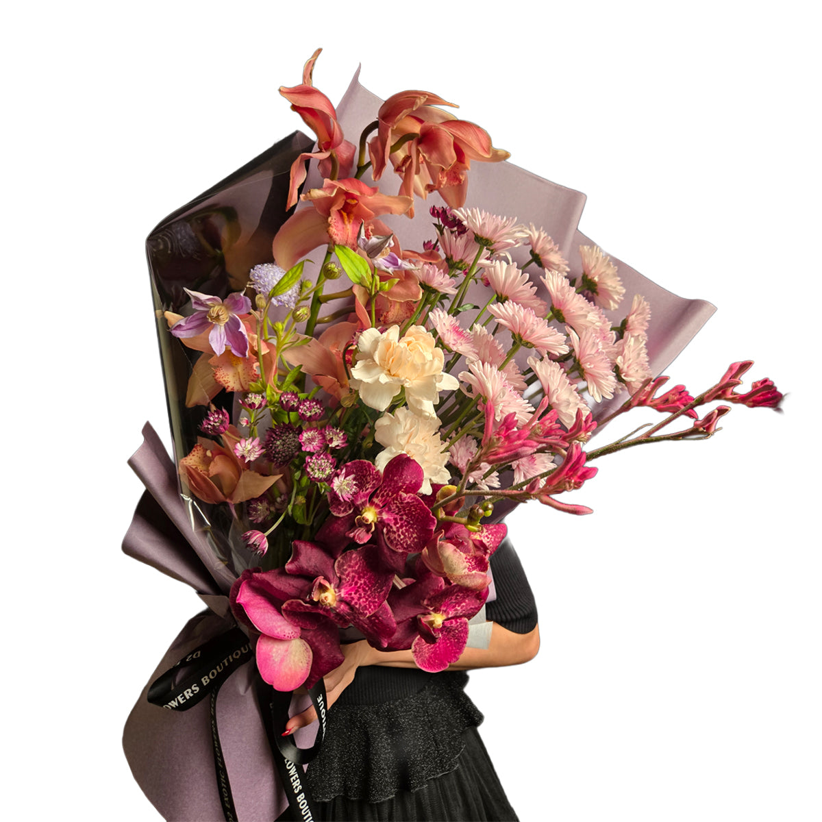 Crimson Elegance – Speckled Orchid & Lavender Bouquet