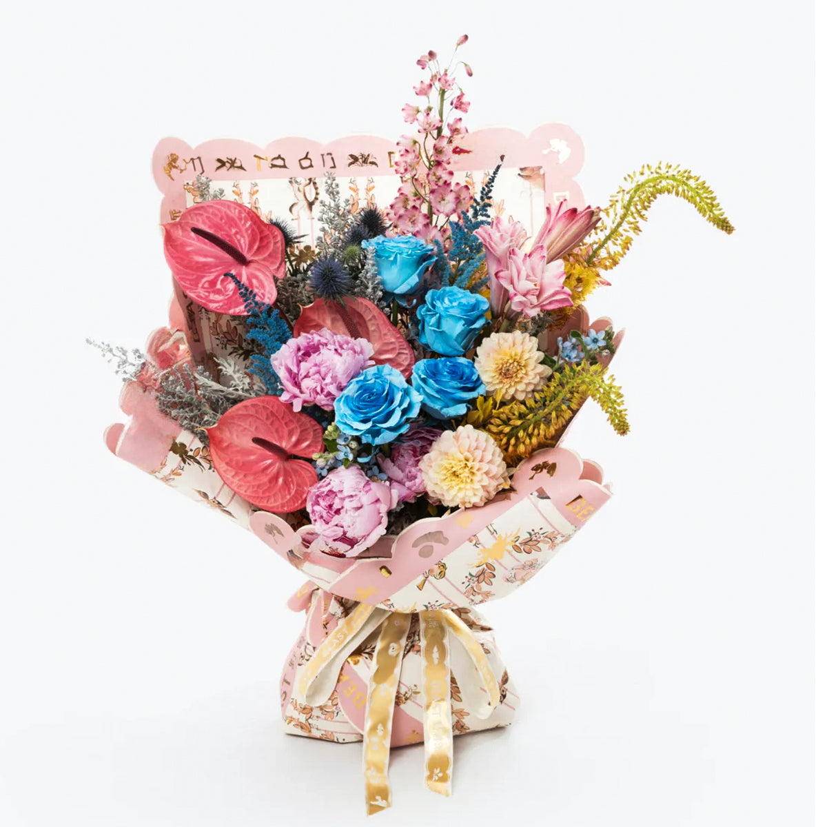Blushing Aurora Bouquet – Blue Roses, Anthuriums & Seasonal Mix