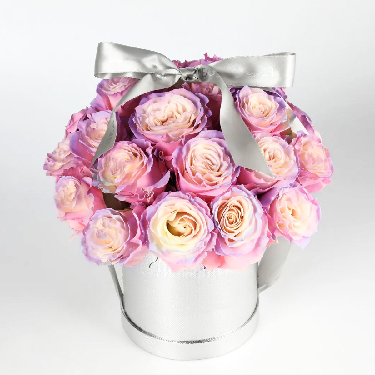 Whisper of Sunlight – Pastel Rainbow Roses in Silver Hug Bucket