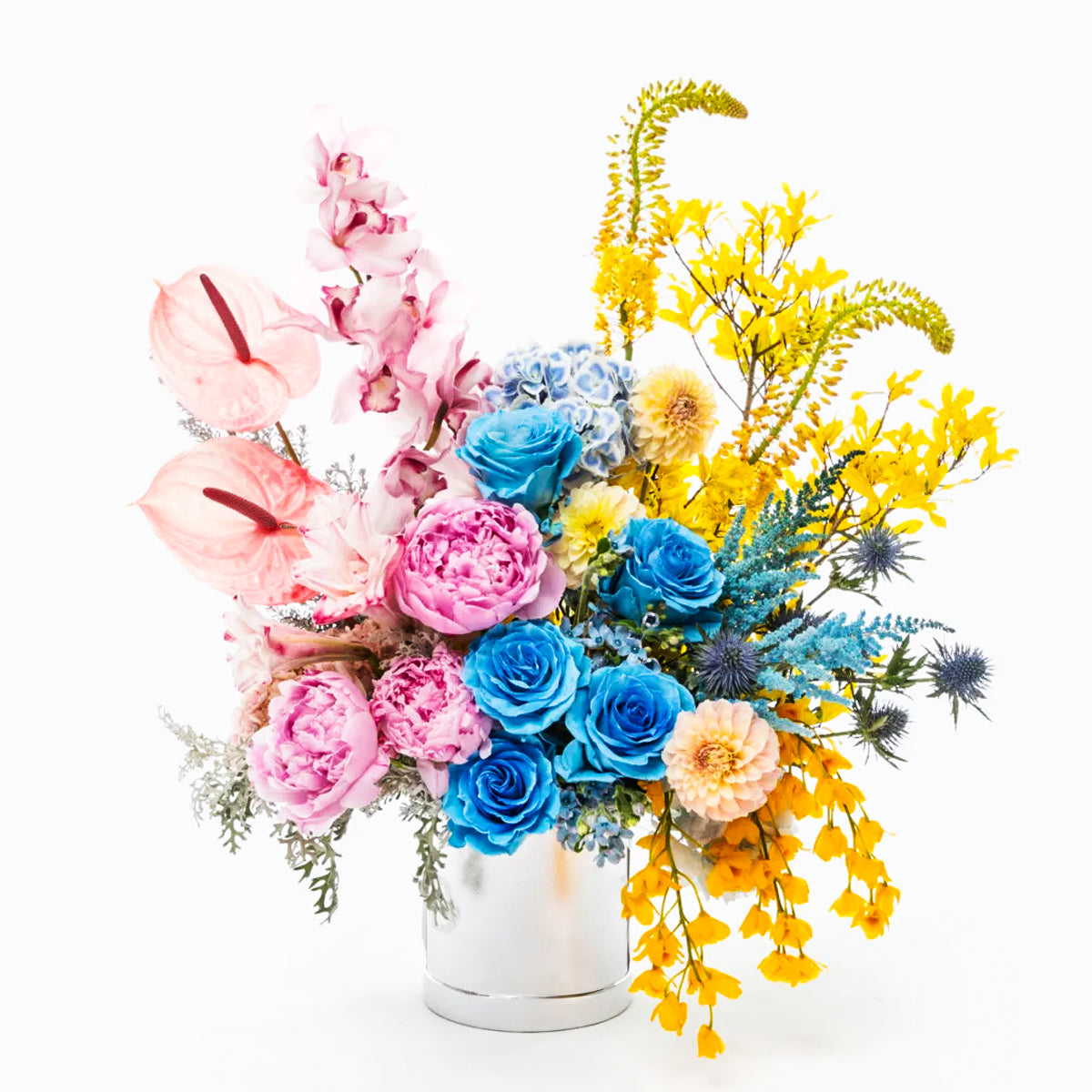 Aurora Bloom Symphony – Blue Roses, Peonies & Orchids in Silver Hug Bucket