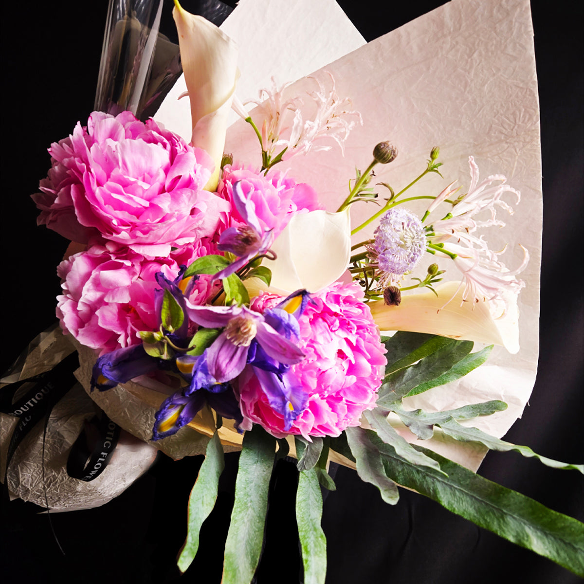 Luminous Enchantment – Pink Peony, Calla Lily & Violet Iris Bouquet