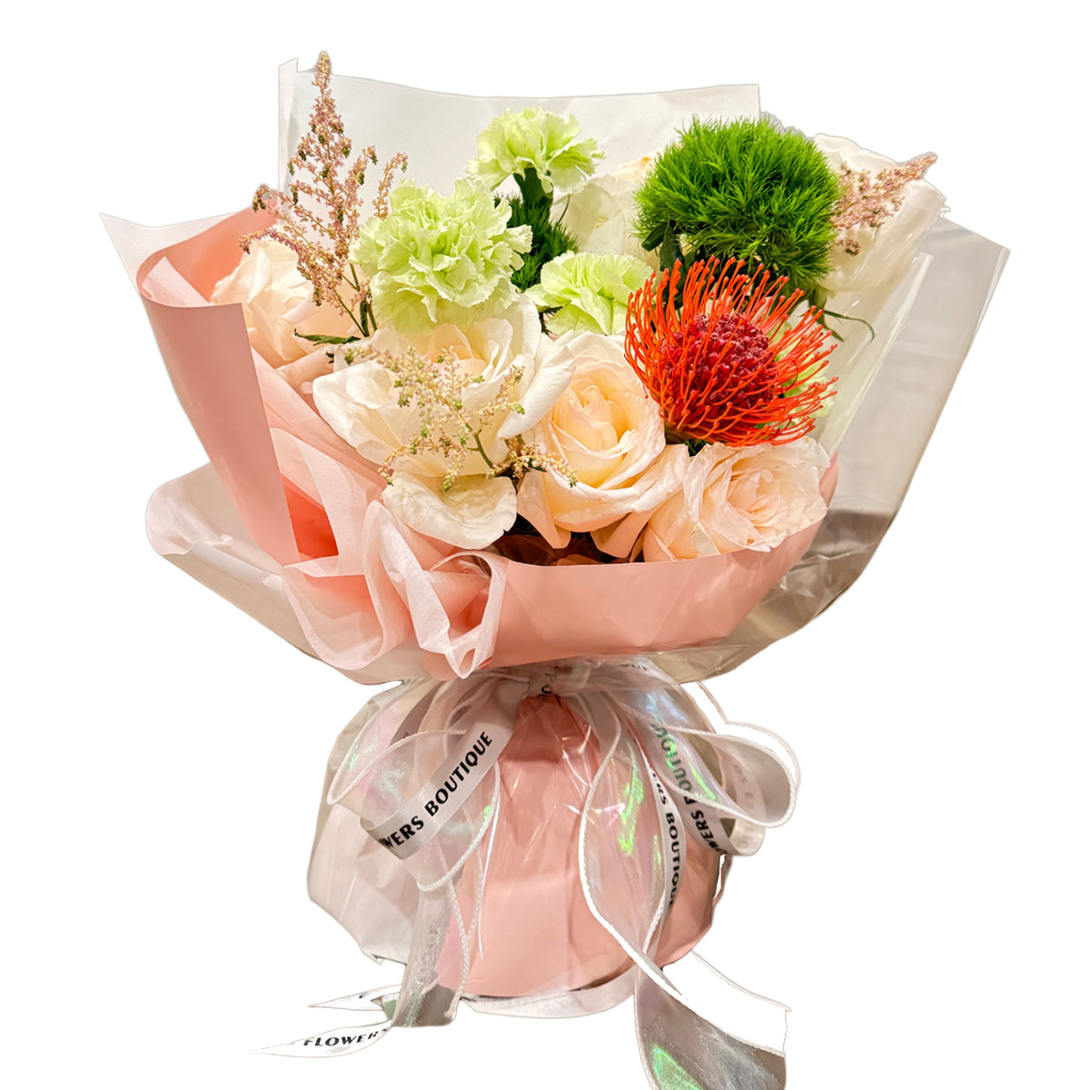 Morning Glow of Love – Soft Pink Rose & Red Protea Bouquet