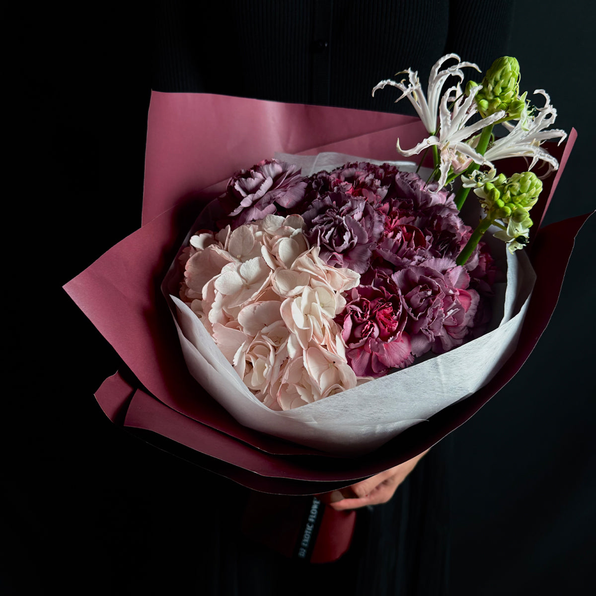 Crimson Devotion – Deep Purple Carnation & Hydrangea Bouquet