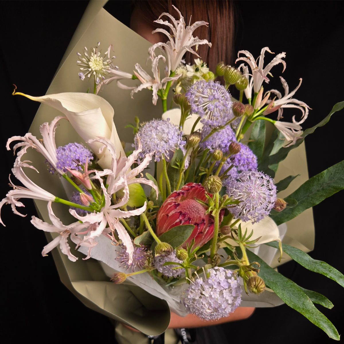 Poetry of Dawn – Princess Protea & Pastel Lily Art Bouquet