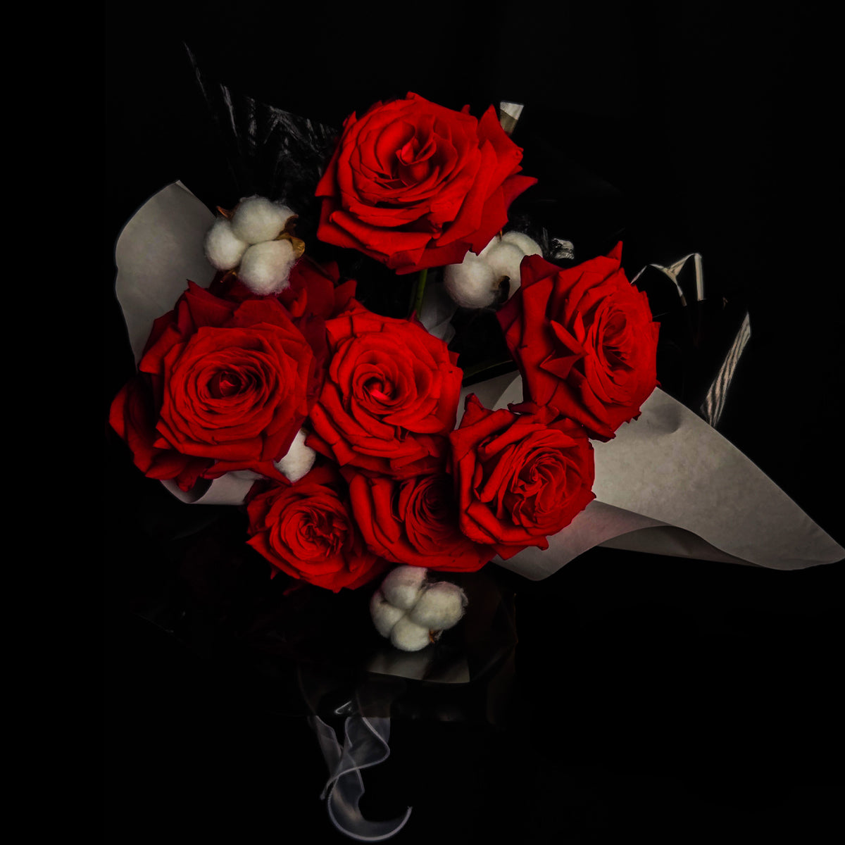Crimson in the Dark – Red Rose & Cotton Stem Bouquet