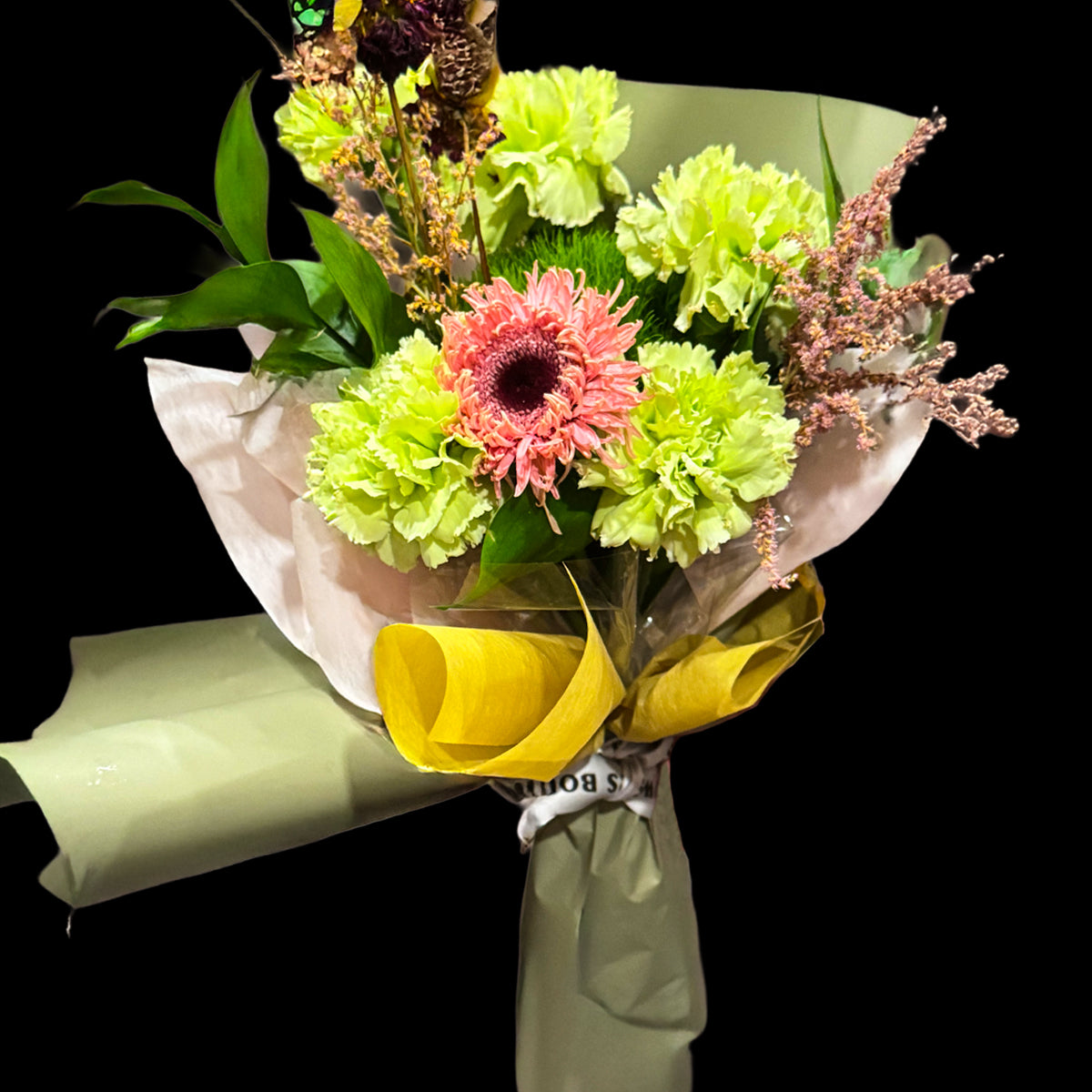 Spring Whisper – Green Carnation & Pink Gerbera Bouquet