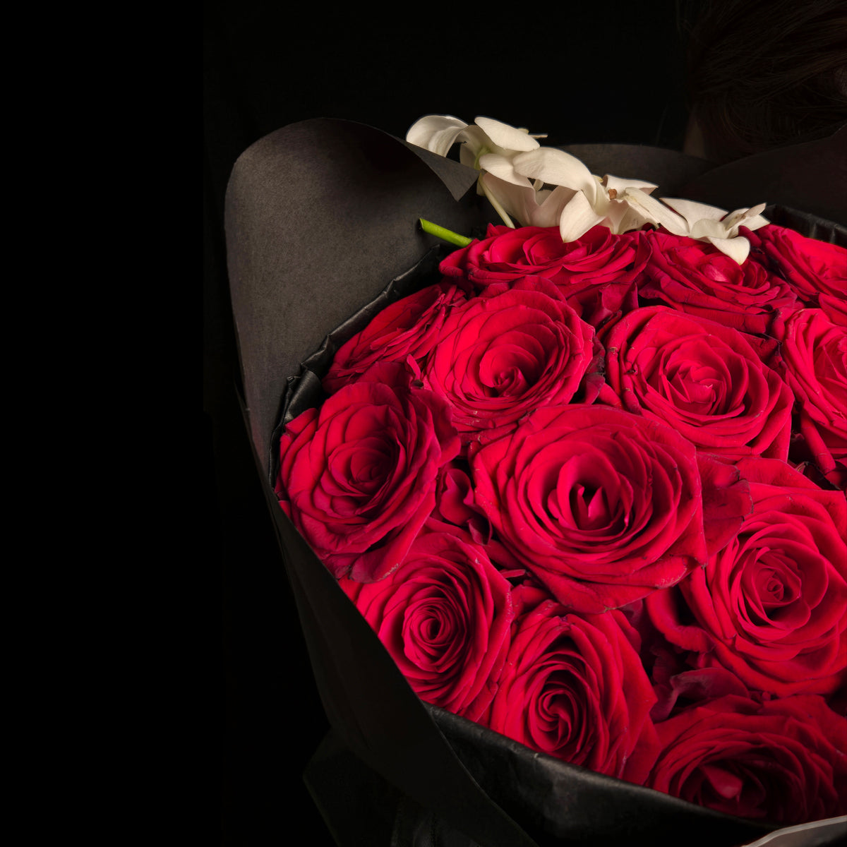 Scarlet Elegance – Crimson Rose & White Orchid Hand-tied Bouquet