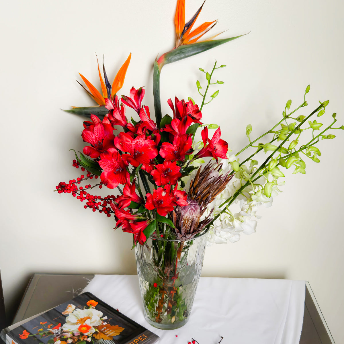 Realm of Passion – Red Lily, Bird of Paradise & Orchid Vase Arrangement