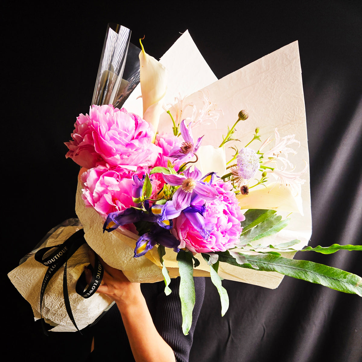 Luminous Enchantment – Pink Peony, Calla Lily & Violet Iris Bouquet