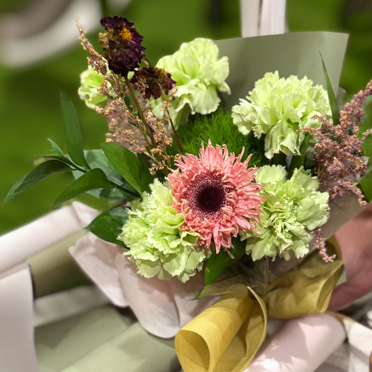 Spring Whisper – Green Carnation & Pink Gerbera Bouquet