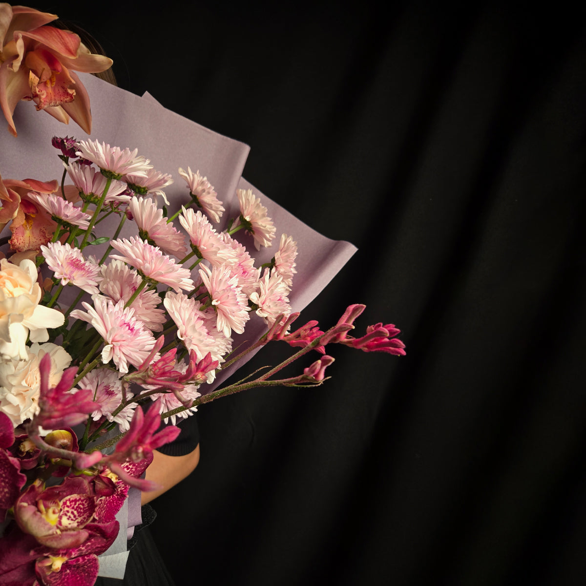 Crimson Elegance – Speckled Orchid & Lavender Bouquet