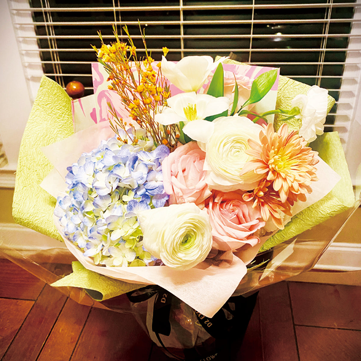 Whispering Dawn – Blue Hydrangea & Blush Rose Bouquet