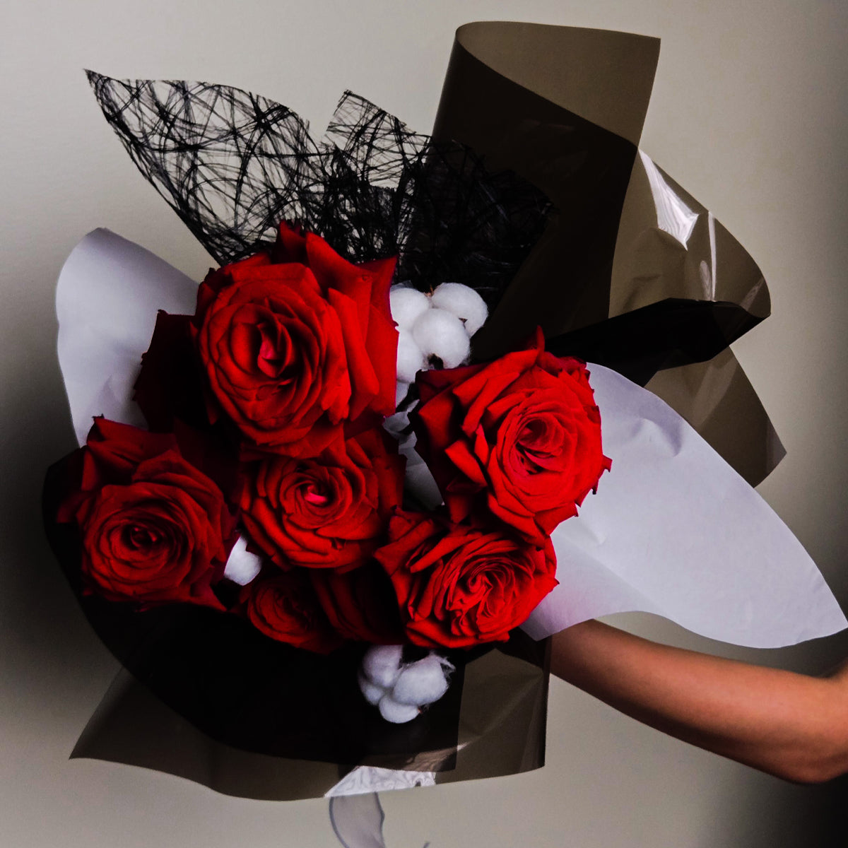 Crimson in the Dark – Red Rose & Cotton Stem Bouquet