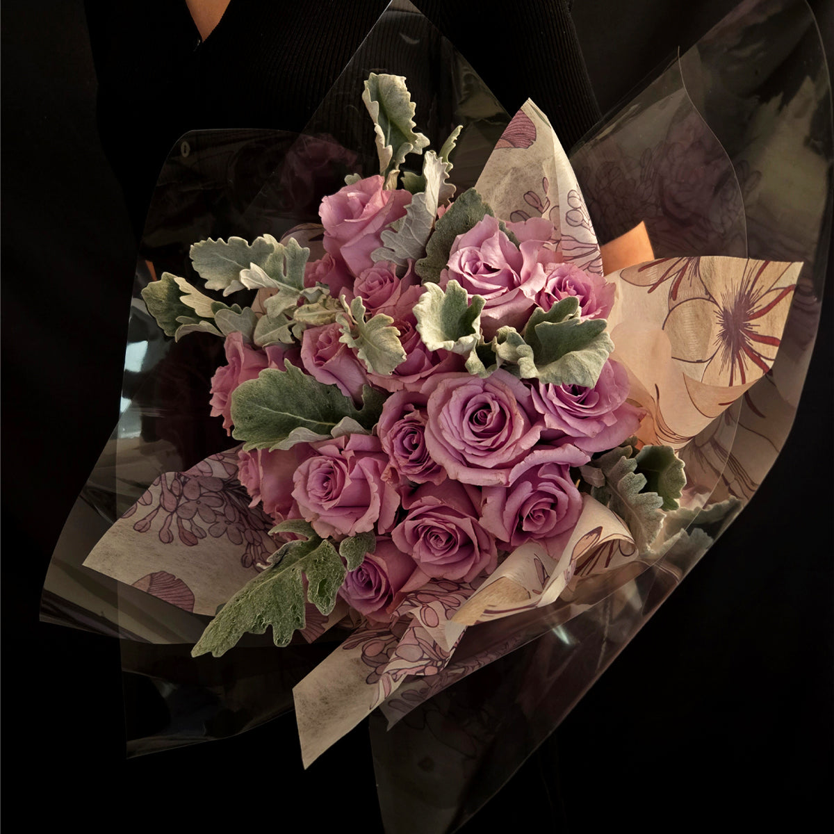 Lavender Dream Whisper – Light Purple Rose & Dusty Miller Bouquet
