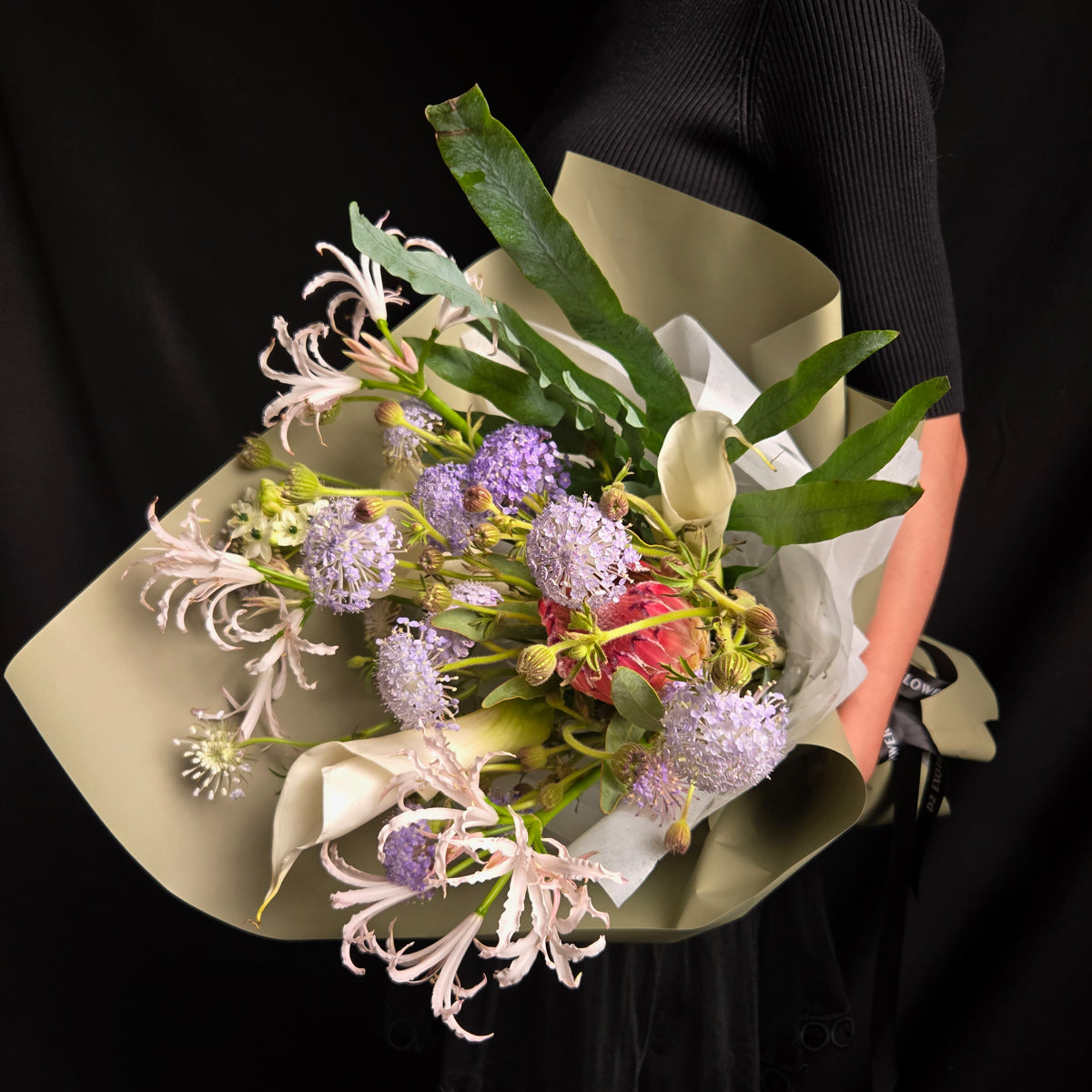 Poetry of Dawn – Princess Protea & Pastel Lily Art Bouquet