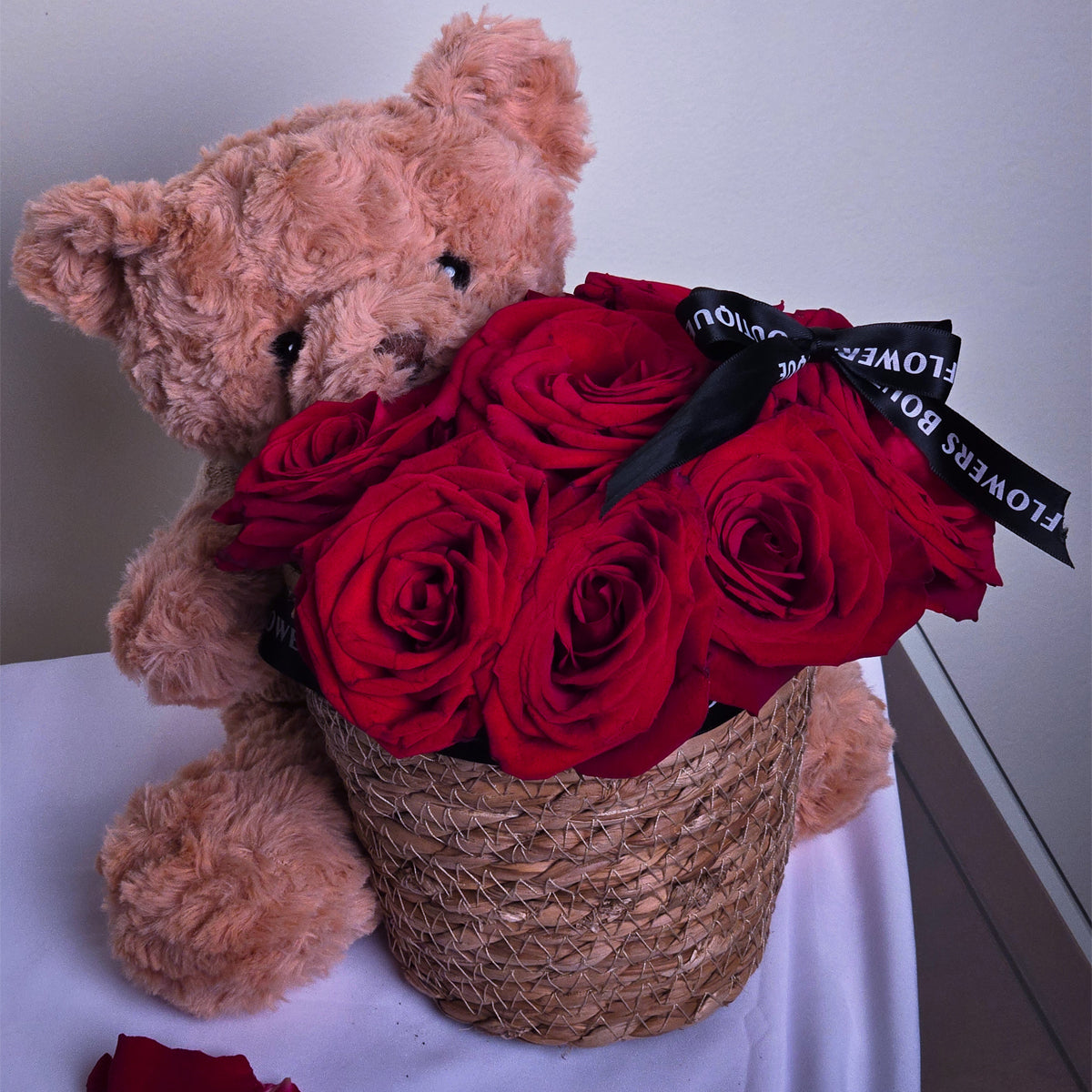 Eternal Embrace – Fresh Red Rose Teddy Bear Arrangement