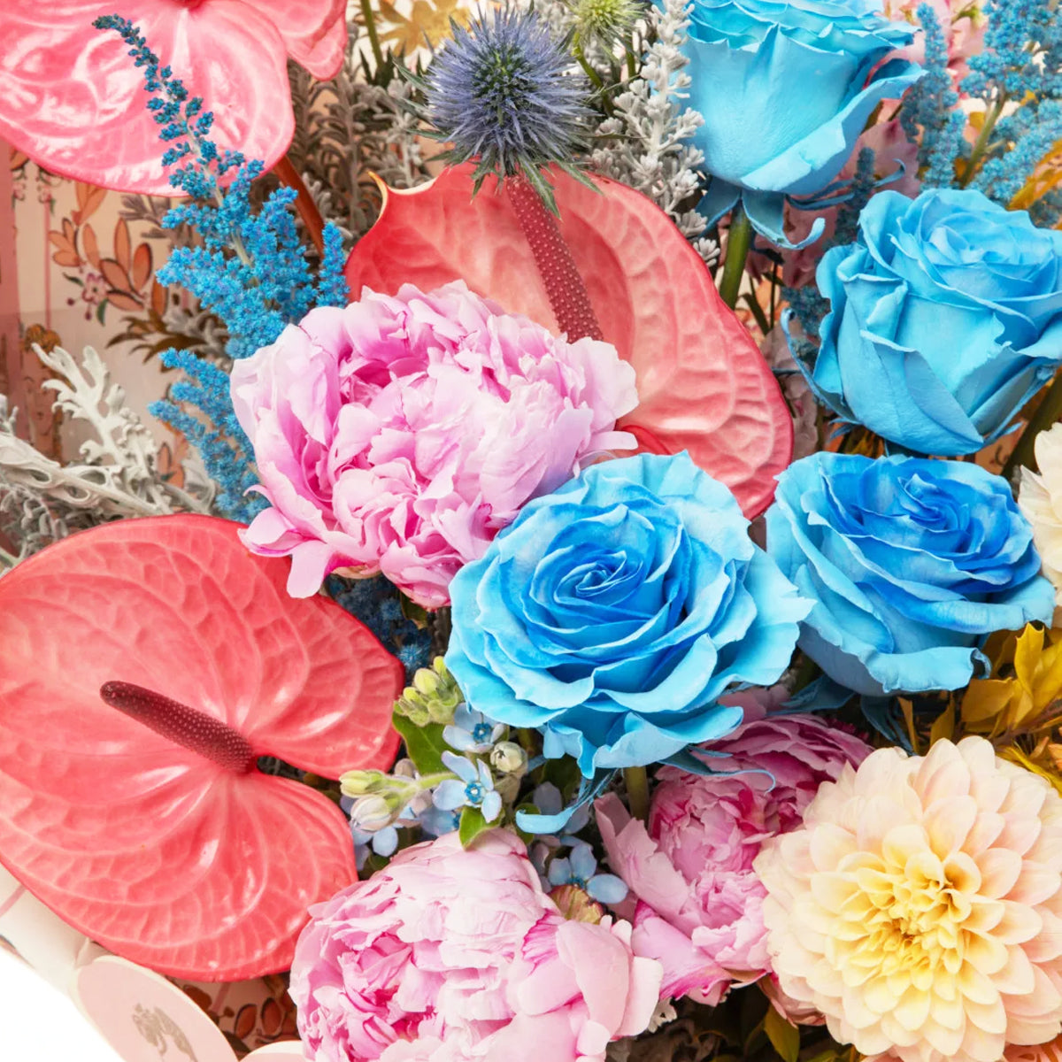 Blushing Aurora Bouquet – Blue Roses, Anthuriums & Seasonal Mix