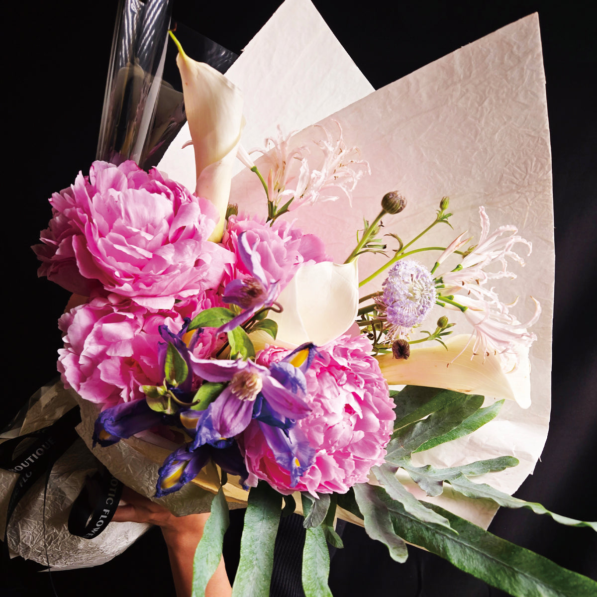 Luminous Enchantment – Pink Peony, Calla Lily & Violet Iris Bouquet