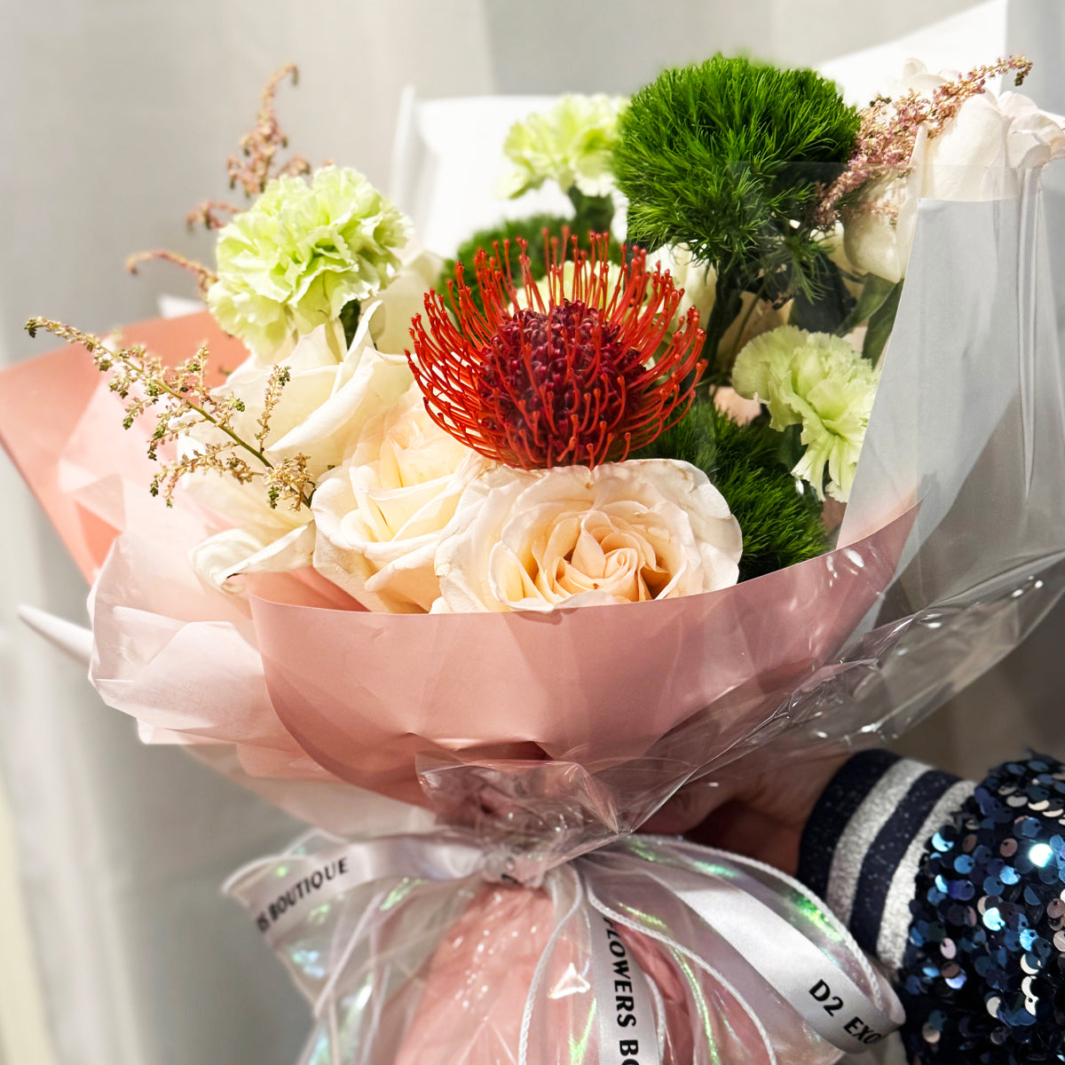 Morning Glow of Love – Soft Pink Rose & Red Protea Bouquet