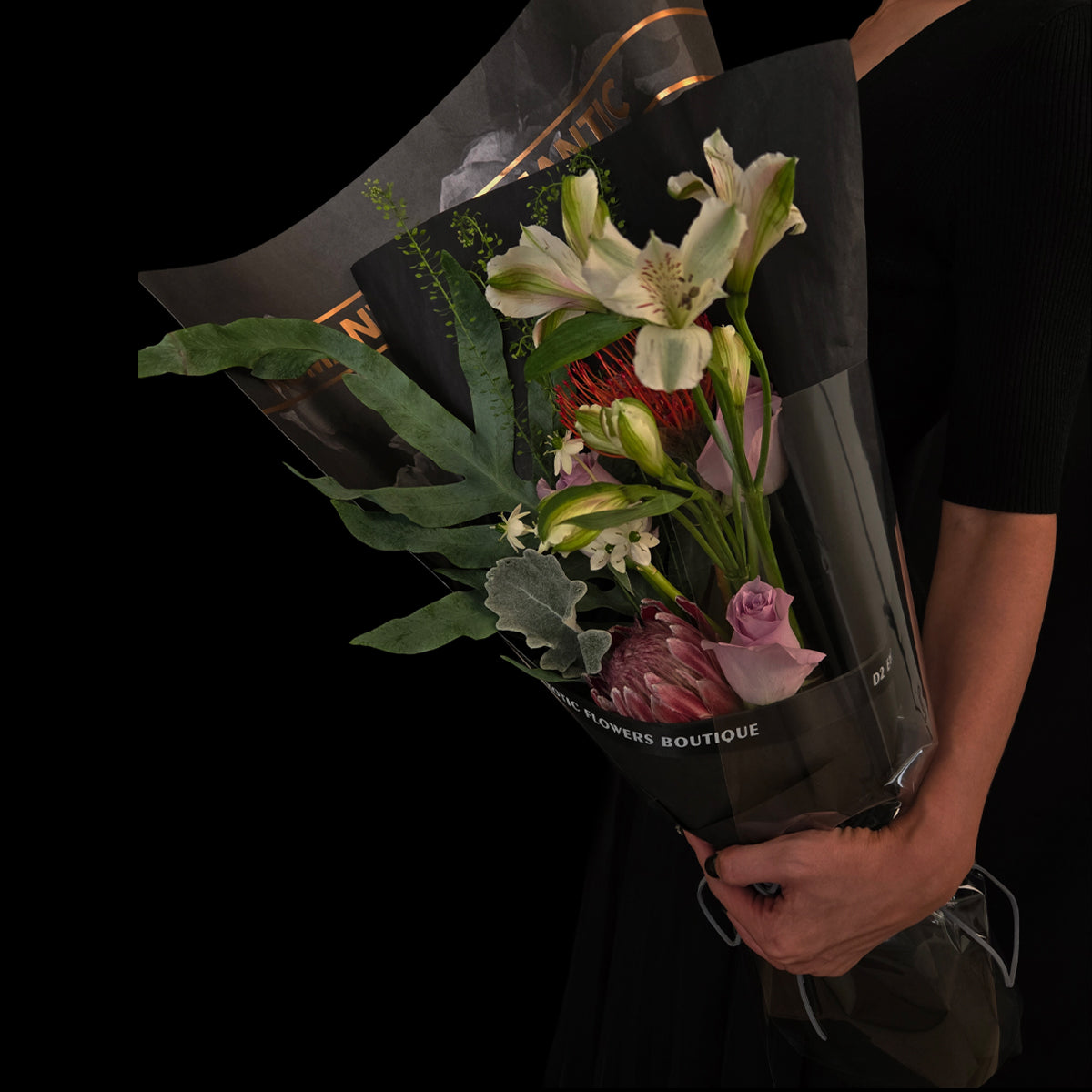 Whisper of the Night – Red Pincushion Protea & Lilac Rose Bouquet