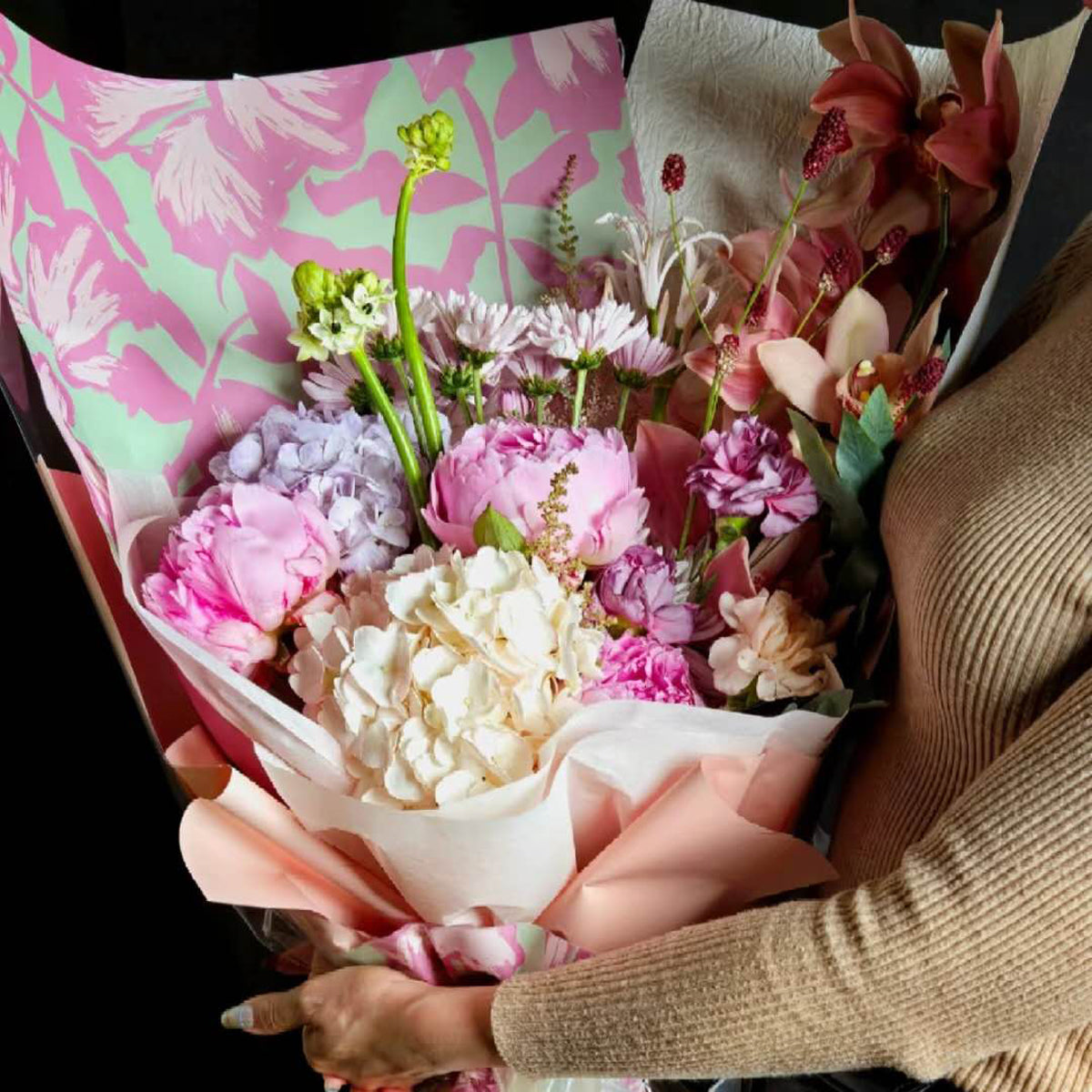 Spring Radiance – Peony & Cymbidium Orchid Celebration Bouquet