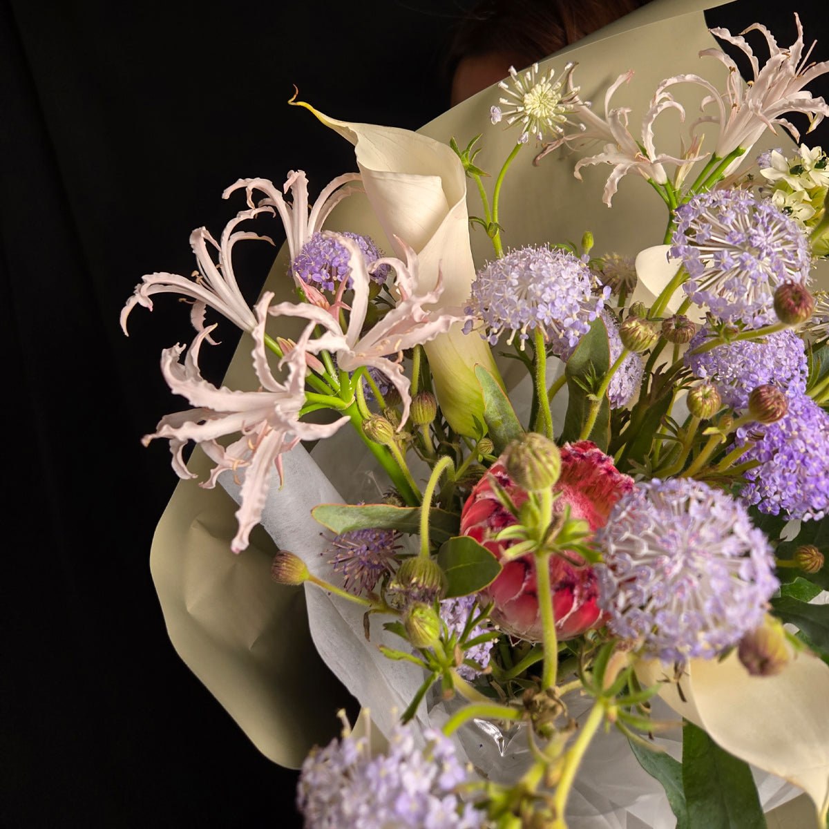 Poetry of Dawn – Princess Protea & Pastel Lily Art Bouquet