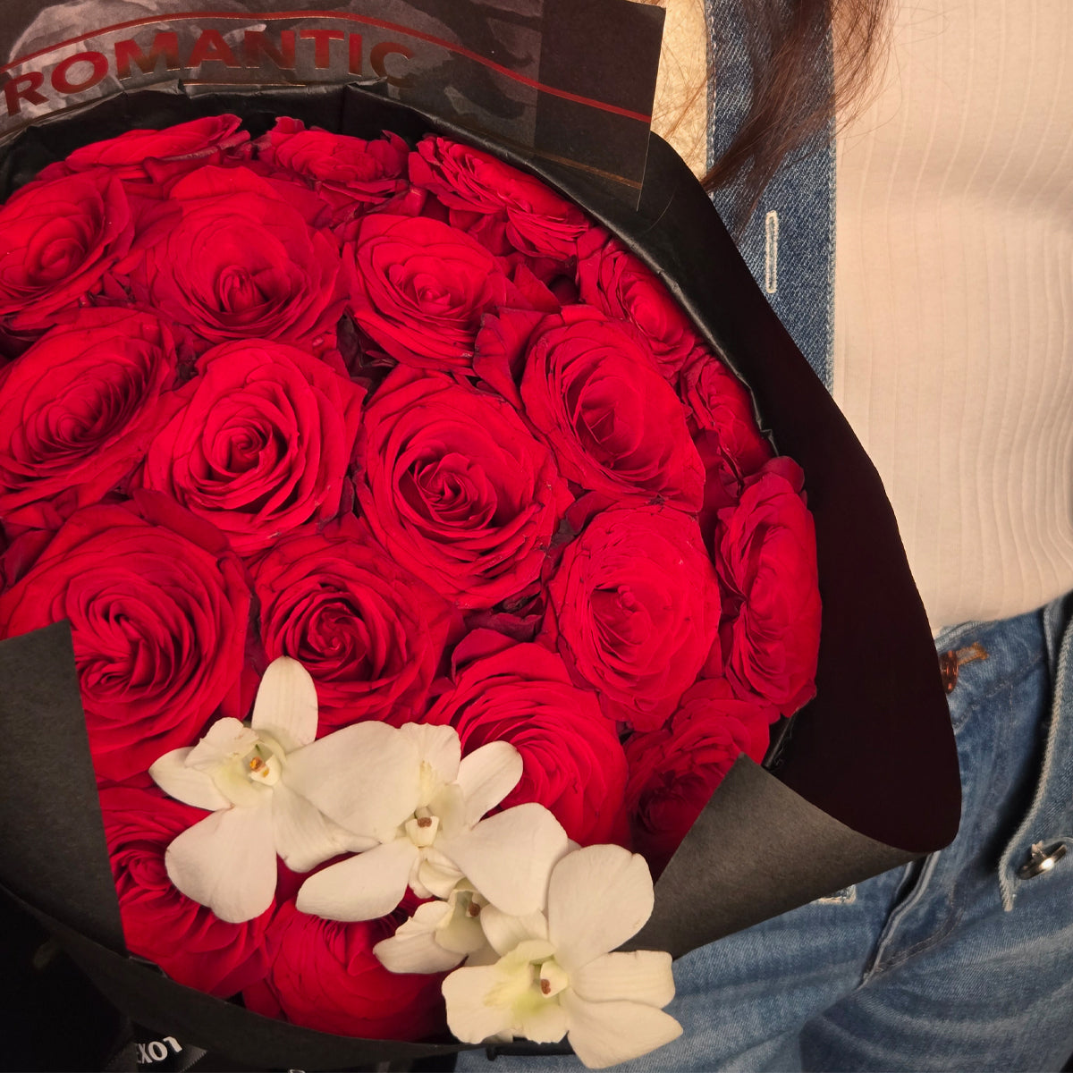 Scarlet Elegance – Crimson Rose & White Orchid Hand-tied Bouquet