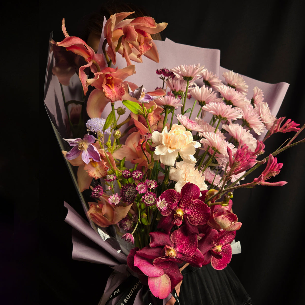 Crimson Elegance – Speckled Orchid & Lavender Bouquet