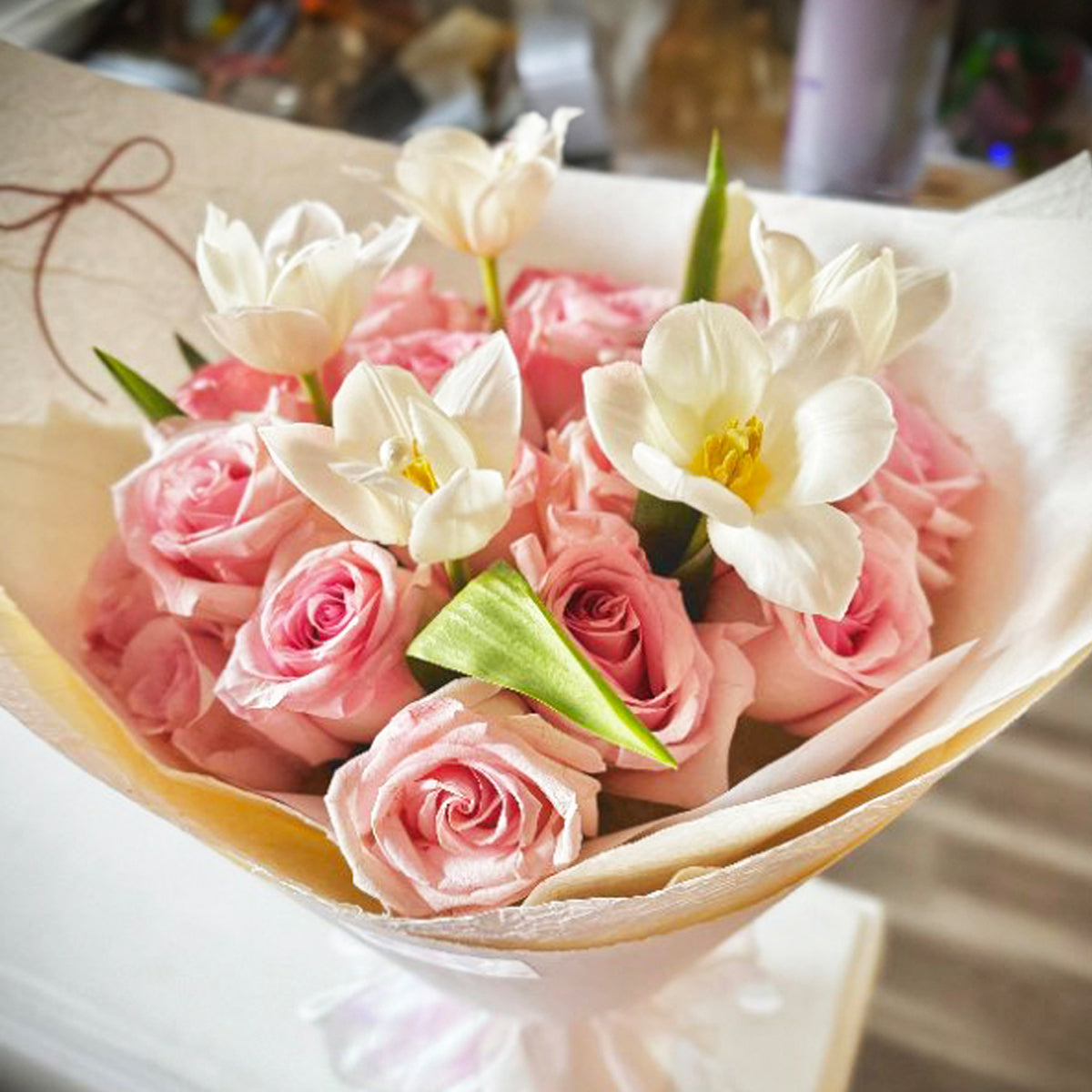 Pure White Melody – Pink Rose & White Tulip Bouquet