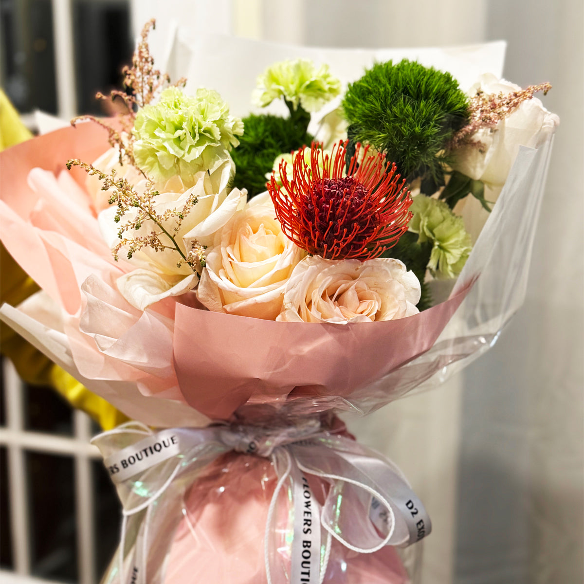 Morning Glow of Love – Soft Pink Rose & Red Protea Bouquet