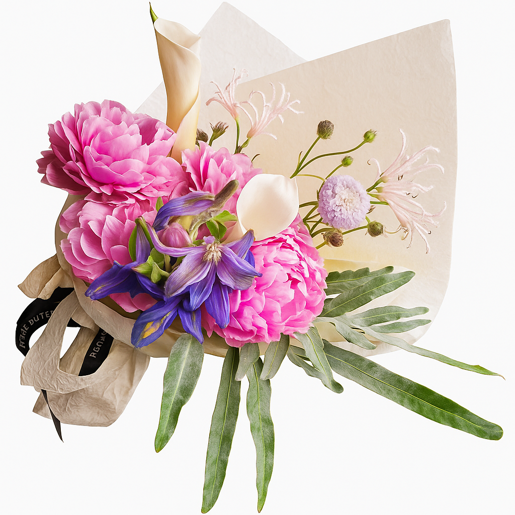 Luminous Enchantment – Pink Peony, Calla Lily & Violet Iris Bouquet
