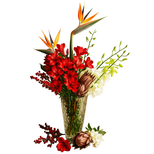 Realm of Passion – Red Lily, Bird of Paradise & Orchid Vase Arrangement