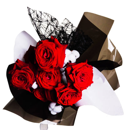 Crimson in the Dark – Red Rose & Cotton Stem Bouquet