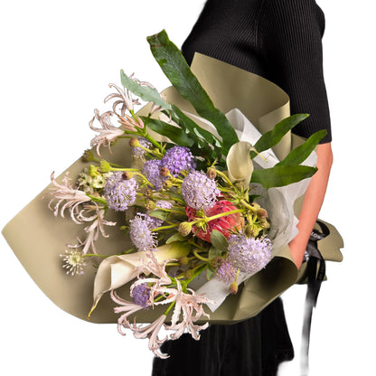Poetry of Dawn – Princess Protea & Pastel Lily Art Bouquet