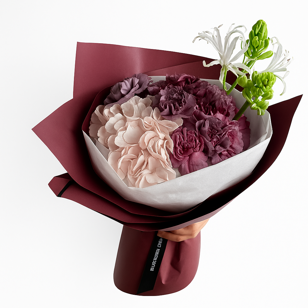 Crimson Devotion – Deep Purple Carnation & Hydrangea Bouquet