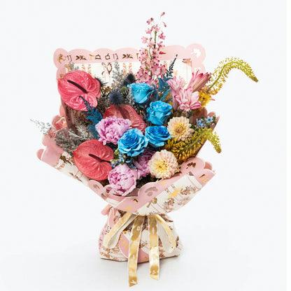 Blushing Aurora Bouquet – Blue Roses, Anthuriums & Seasonal Mix
