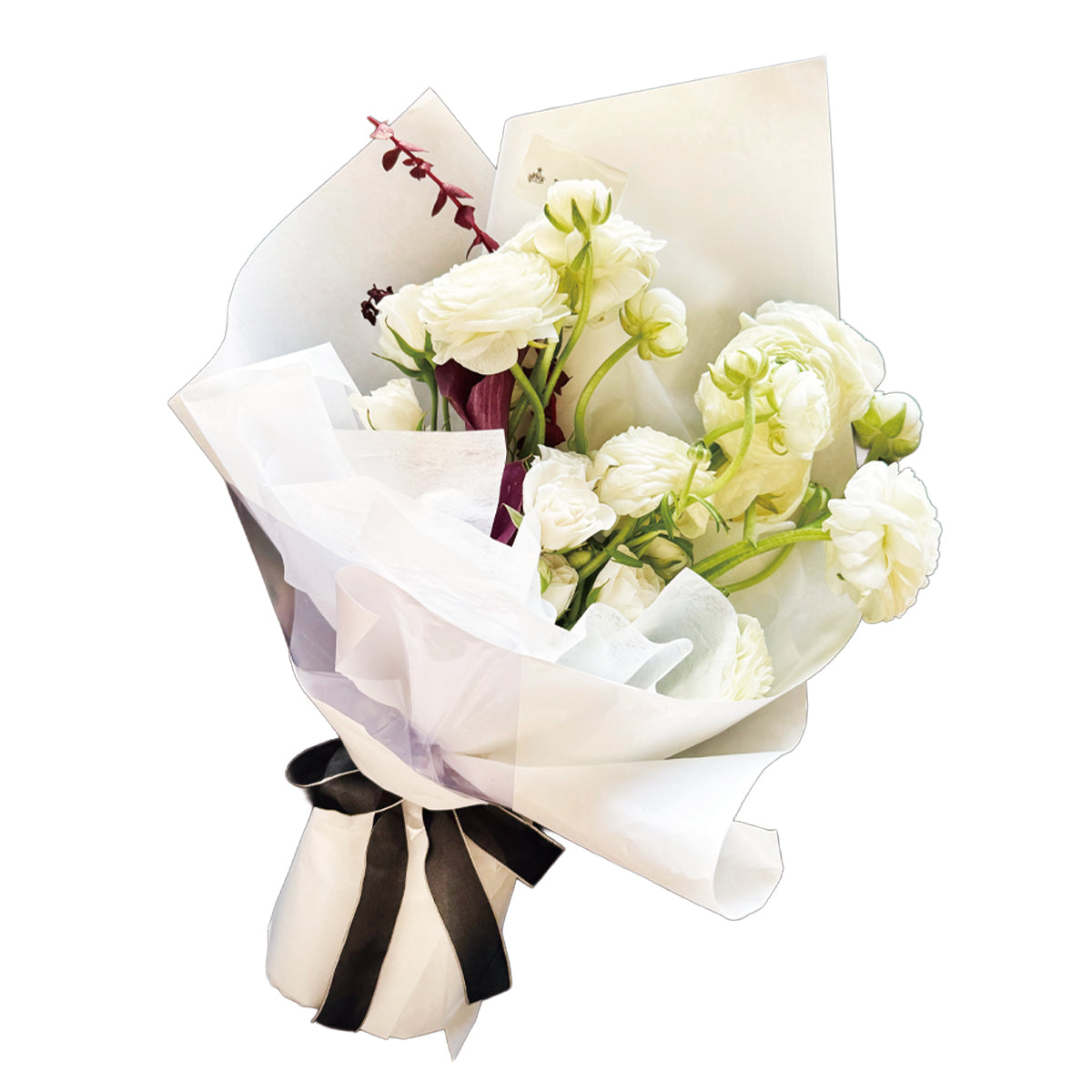 Moonlit Serenade – White Ranunculus & Rose Hand-tied Bouquet