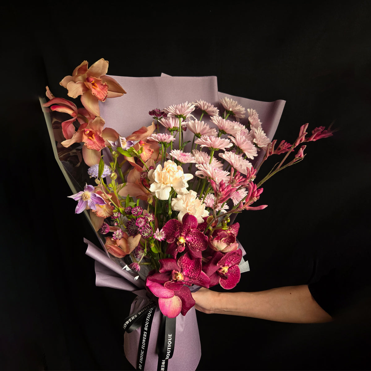 Crimson Elegance – Speckled Orchid & Lavender Bouquet