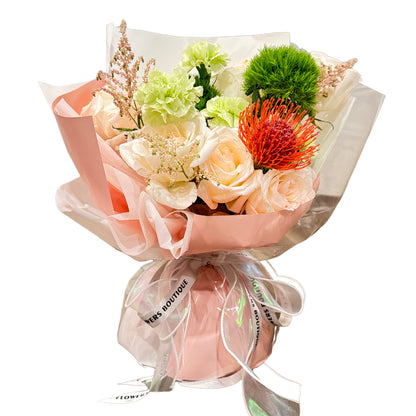 Morning Glow of Love – Soft Pink Rose & Red Protea Bouquet
