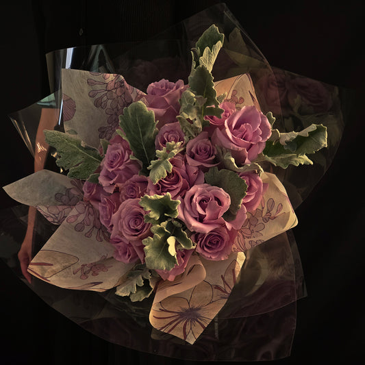 Lavender Dream Whisper – Light Purple Rose & Dusty Miller Bouquet