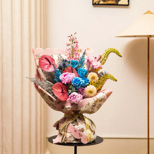 Blushing Aurora Bouquet – Blue Roses, Anthuriums & Seasonal Mix