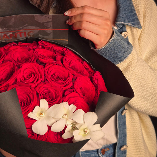 Scarlet Elegance – Crimson Rose & White Orchid Hand-tied Bouquet