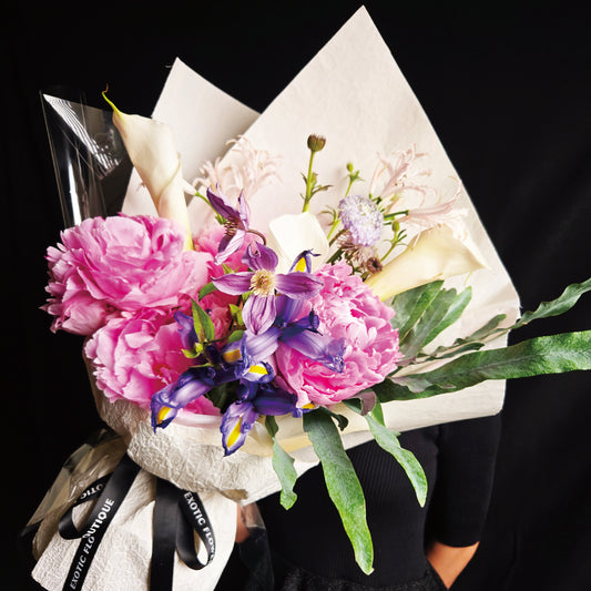 Luminous Enchantment – Pink Peony, Calla Lily & Violet Iris Bouquet