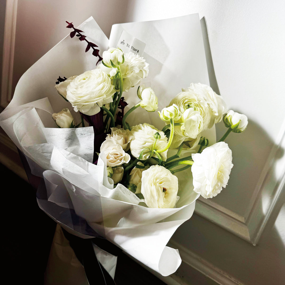 Moonlit Serenade – White Ranunculus & Rose Hand-tied Bouquet