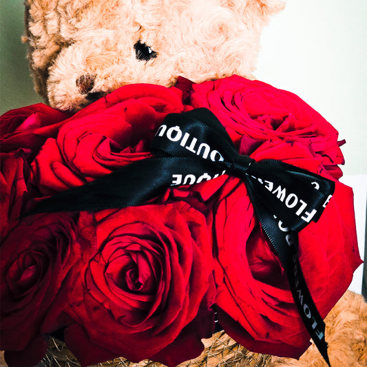 Eternal Embrace – Fresh Red Rose Teddy Bear Arrangement