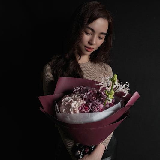 Crimson Devotion – Deep Purple Carnation & Hydrangea Bouquet